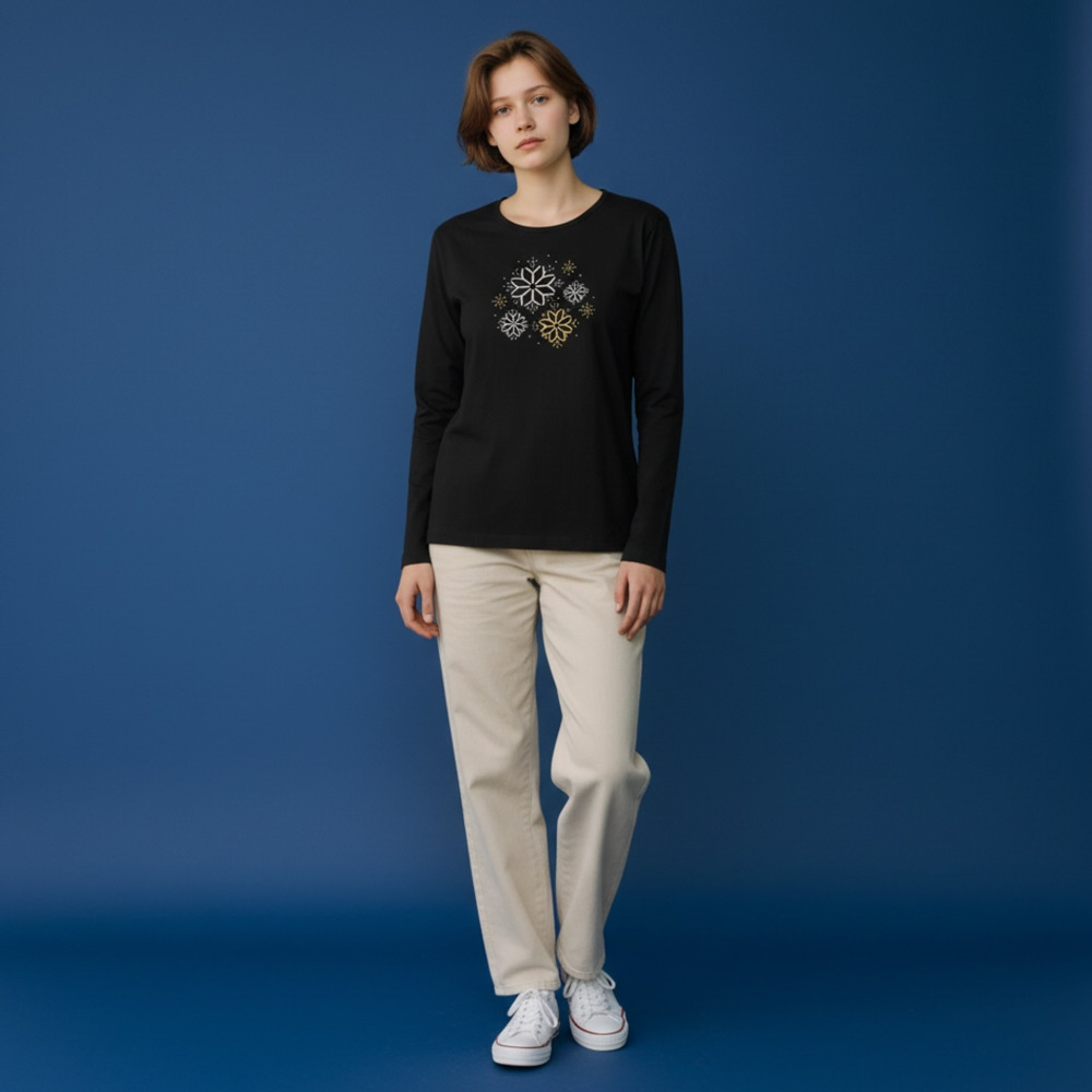 M&C Sportswear Black Long Sleeve Shirt with Snowflake Rhinestone Embellishment L